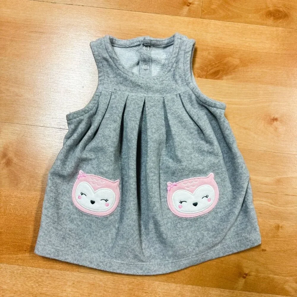Carters Baby Girl Gray Sleeveless Fleece Owl Graphic Pocket Dress Size 3M